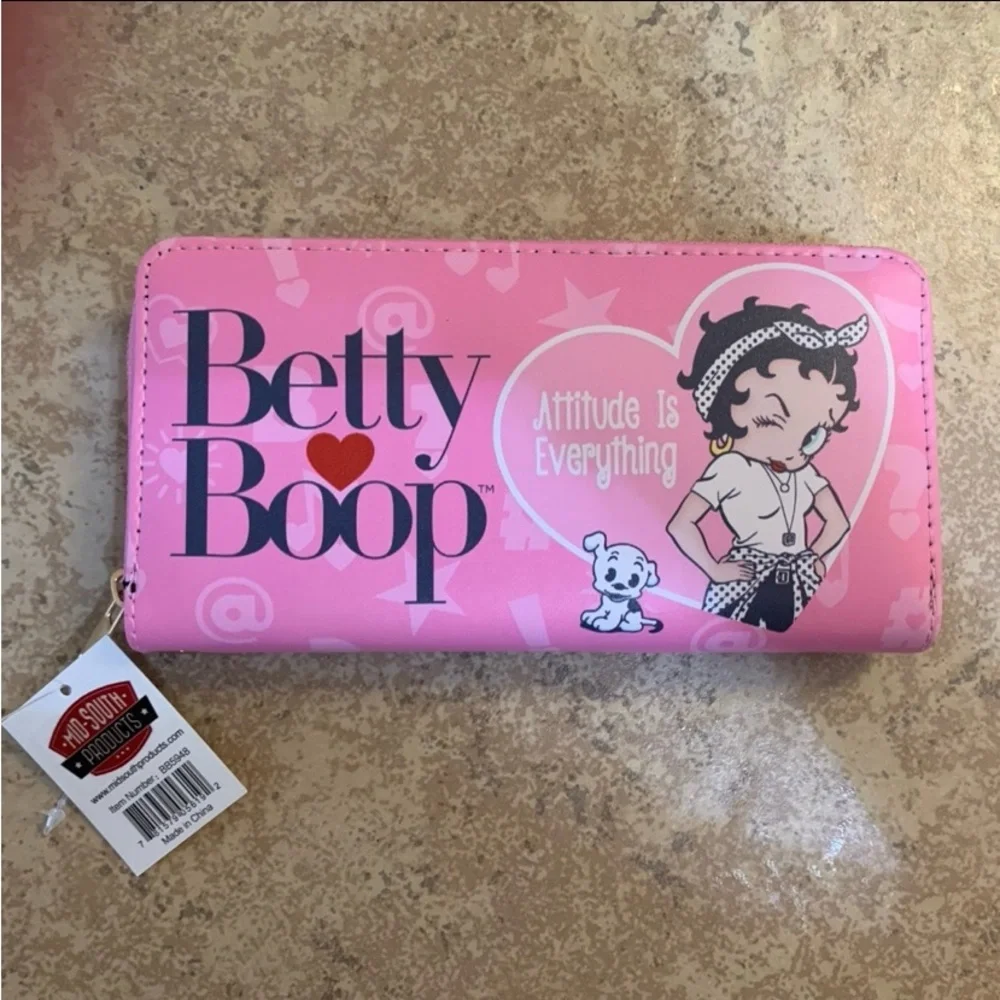 New! Betty Boop Pink Wallet “Attitude Is Everything”. Zipper Closure